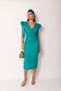 Vestido midi drapeado turquesa