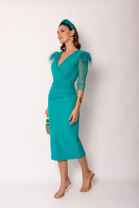 Vestido midi drapeado turquesa