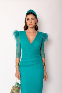 Vestido midi drapeado turquesa