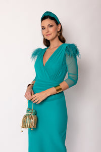 Vestido midi drapeado turquesa