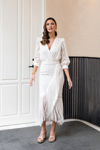 Vestido blanco brocado con flecos - EXCLUSIVO ONLINE