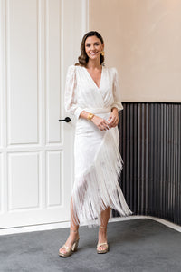 Vestido blanco brocado con flecos - EXCLUSIVO ONLINE