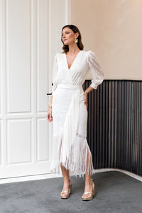 Vestido blanco brocado con flecos - EXCLUSIVO ONLINE
