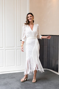 Vestido blanco brocado con flecos - EXCLUSIVO ONLINE