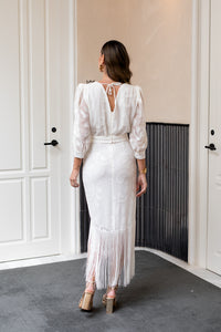 Vestido blanco brocado con flecos - EXCLUSIVO ONLINE