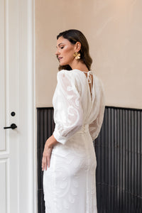 Vestido blanco brocado con flecos - EXCLUSIVO ONLINE