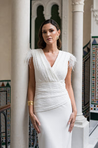 Vestido blanco detalle plumas -EXCLUSIVO ONLINE