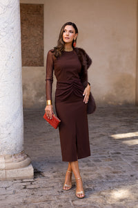 Vestido midi manga larga tul marrón chocolate