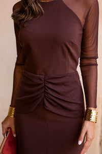 Vestido midi manga larga tul marrón chocolate