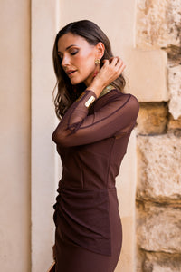 Vestido midi manga larga tul marrón chocolate