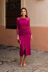 Vestido midi manga larga tul