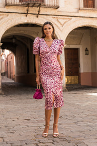 Vestido midi mangas abullonadas estampado