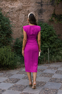 Vestido midi drapeado malva hombreras