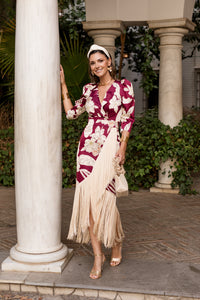 Vestido flecos estampado cereza