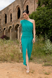 Vestido midi drapeado asimétrico aguamarina