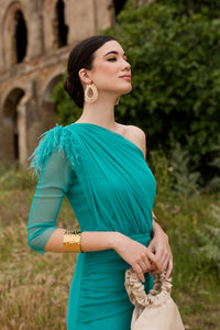 Vestido midi drapeado asimétrico aguamarina