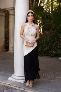 Vestido flecos beige y negro