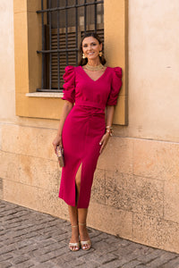 Vestido midi mangas abullonadas cereza