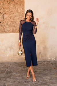 Vestido midi manga larga tul azul marino