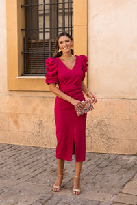 Vestido midi mangas abullonadas cereza