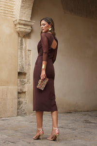 Vestido midi manga tul marrón chocolate
