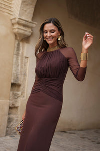 Vestido midi manga tul marrón chocolate