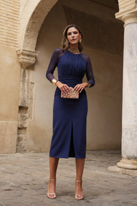 Vestido midi manga tul azul marino