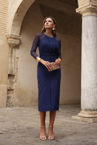 Vestido midi manga tul azul marino