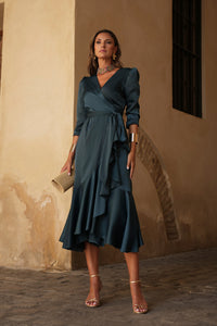 Vestido midi lazada lateral azul petróleo
