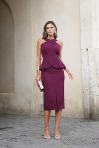 Vestido midi halter con peplum burdeos