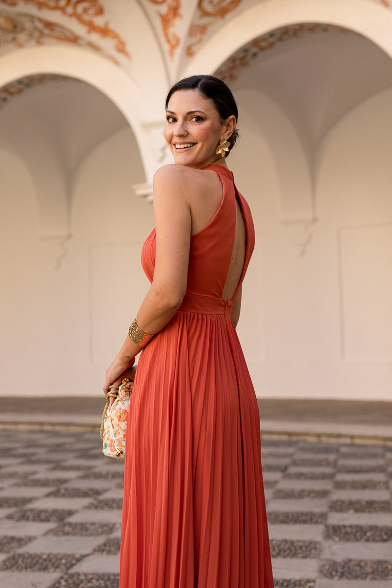 Vestido Halter plisado naranja