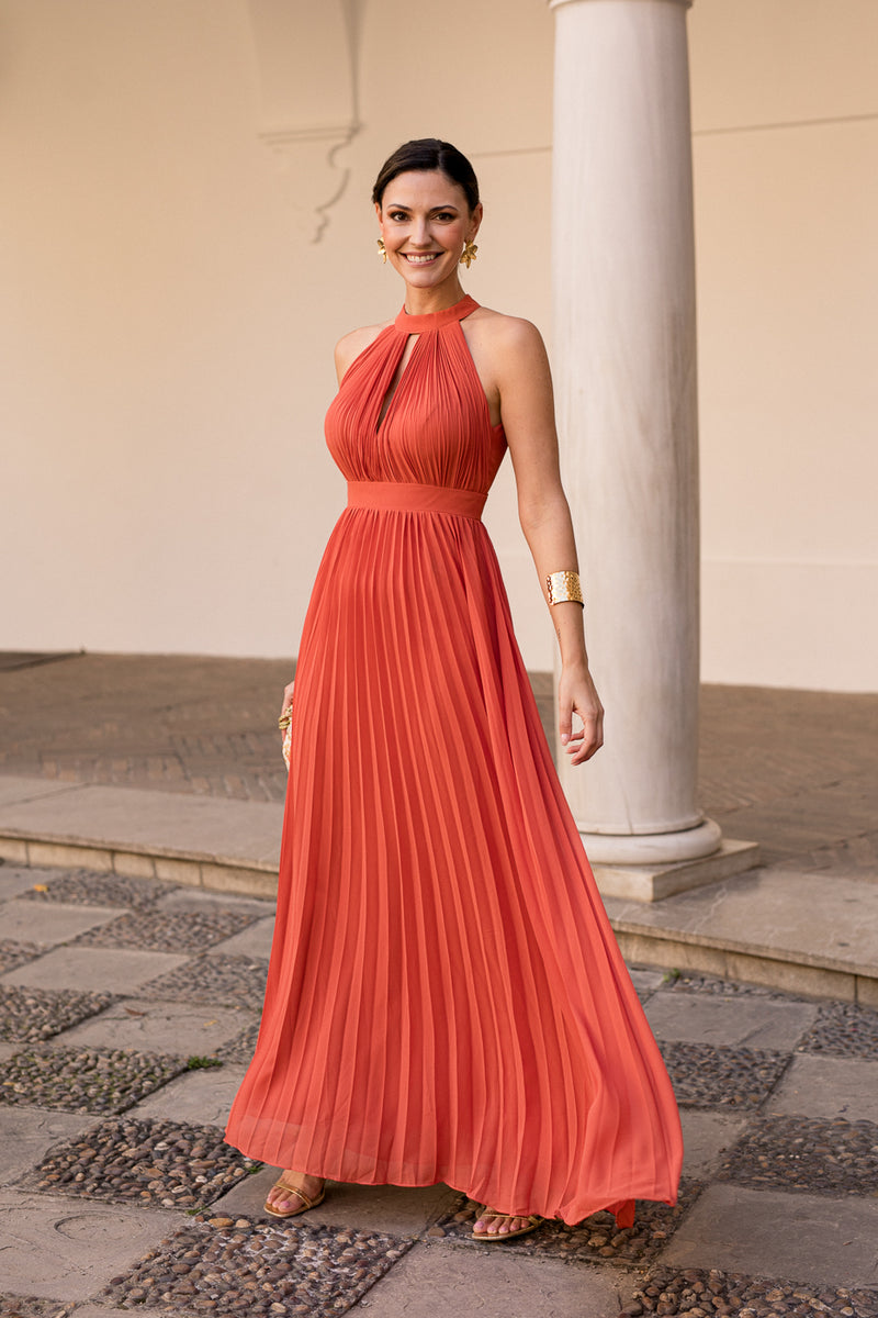 Vestido Halter plisado naranja