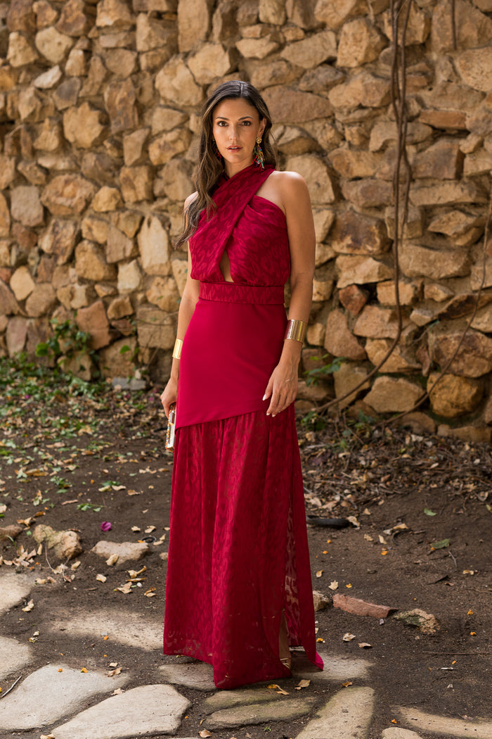 Vestido  largo halter doble falda cereza