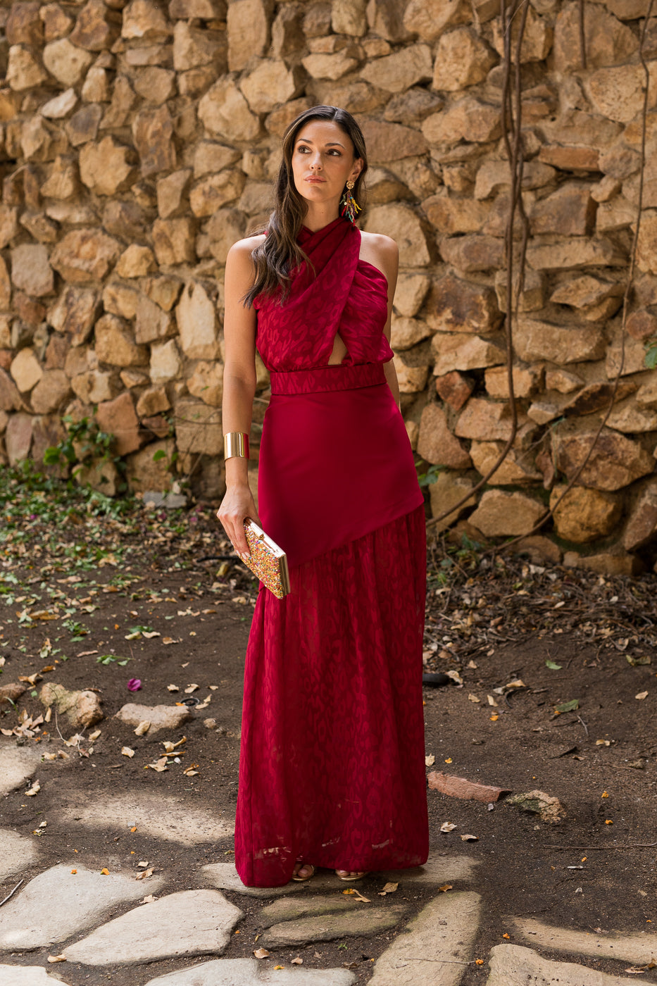 Vestido  largo halter doble falda cereza