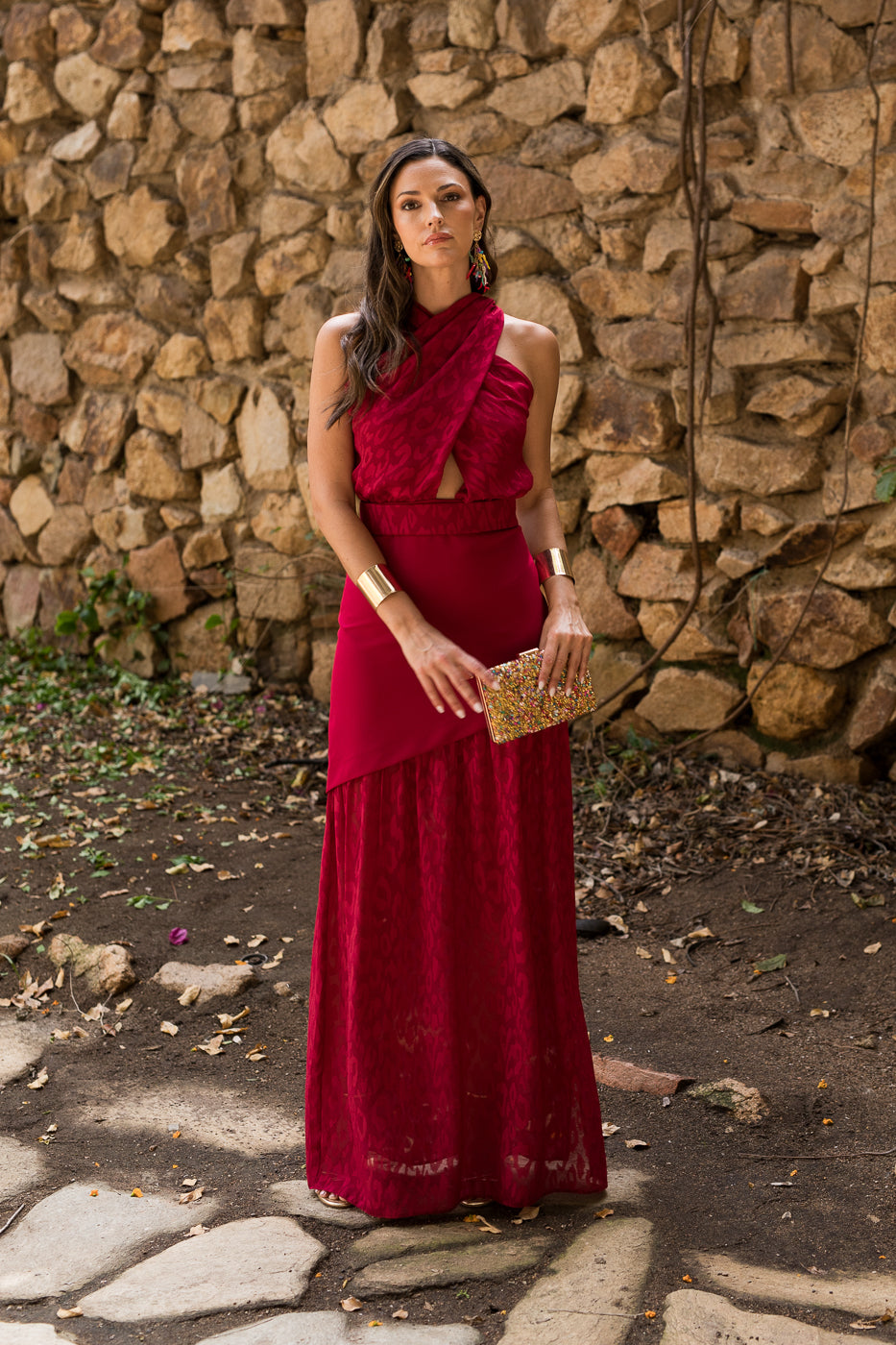 Vestido  largo halter doble falda cereza