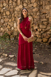 Vestido  largo halter doble falda cereza
