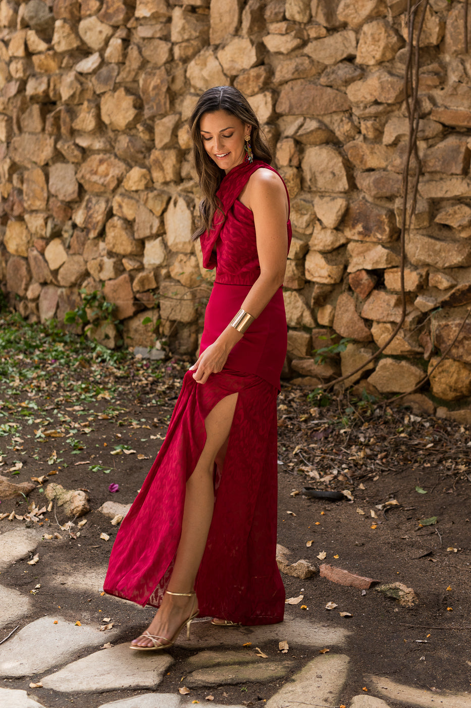 Vestido  largo halter doble falda cereza