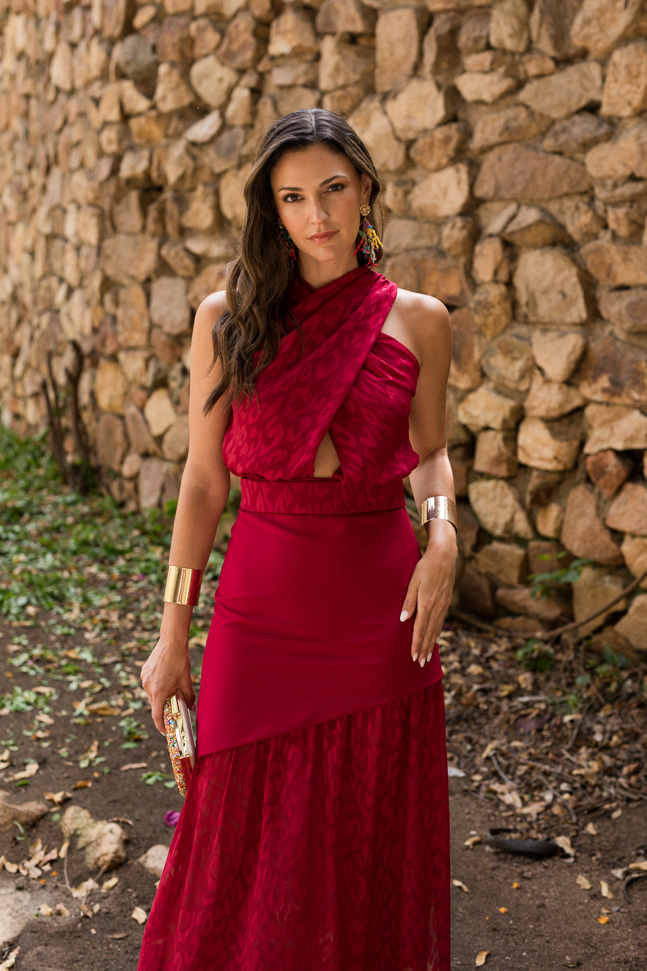 Vestido  largo halter doble falda cereza