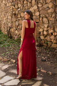 Vestido  largo halter doble falda cereza