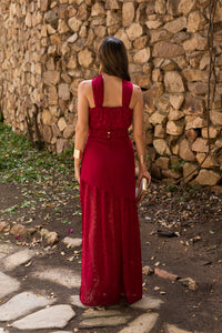 Vestido  largo halter doble falda cereza