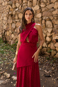 Vestido  largo halter doble falda cereza