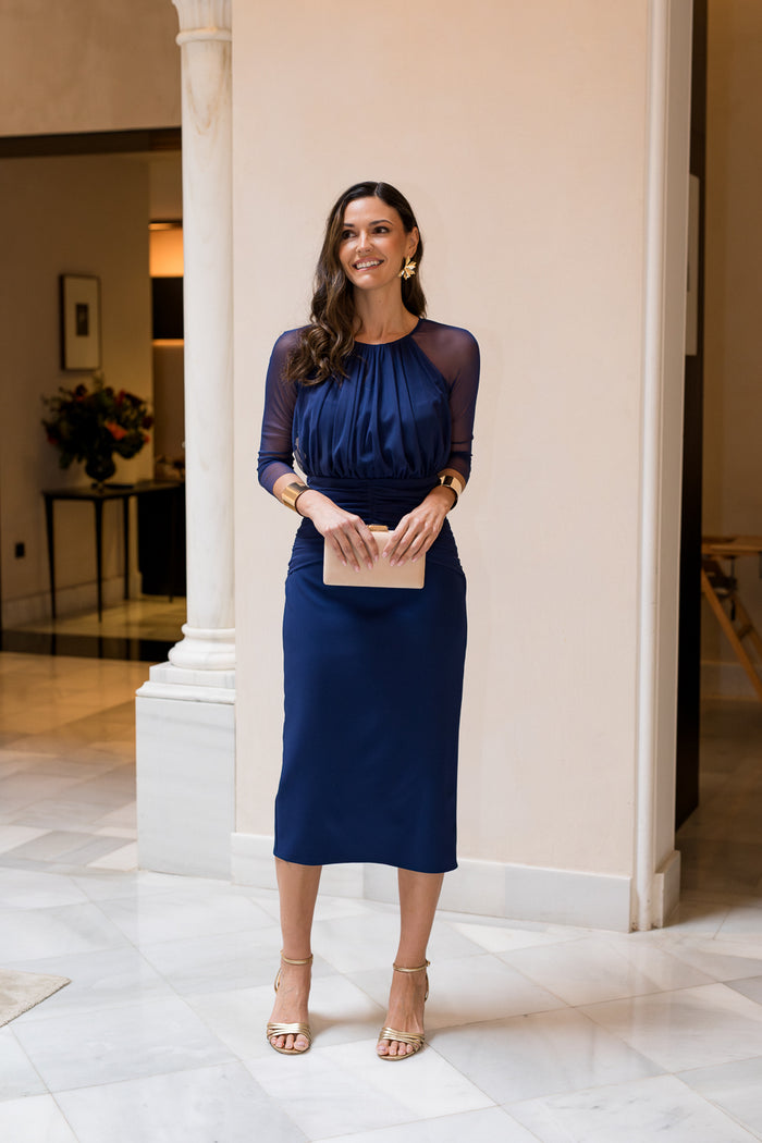 Vestido midi manga tul azul marino