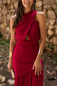 Vestido  largo halter doble falda cereza