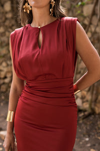 Vestido midi hombreras teja