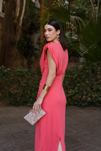 Vestido midi fruncido lateral coral