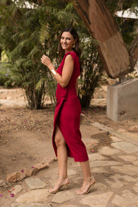 Vestido midi tulipán hombrera rojo