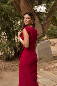 Vestido midi tulipán hombrera rojo