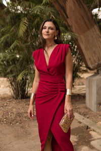 Vestido midi tulipán hombrera rojo