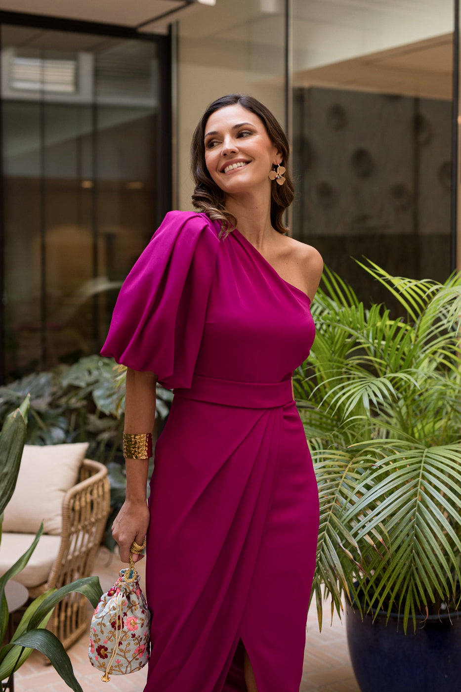 Vestido midi asimétrico Petunia buganvilla