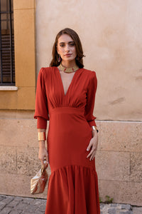 Vestido midi volante teja